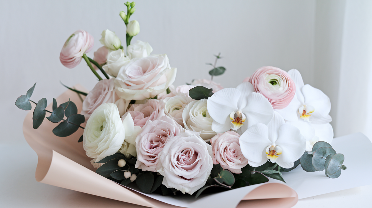 Bouquet de luxe pour la Saint-Valentin composé de roses blush, orchidées blanches et feuillage élégant, créé par un fleuriste à Montréal.
