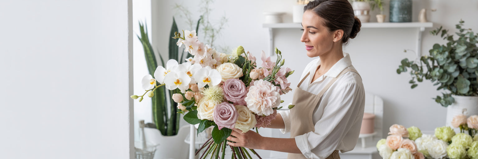 Fleuriste créant un bouquet élégant d’orchidées, de roses et de fleurs pastel dans un atelier moderne — McKenna Florist, Montréal.
