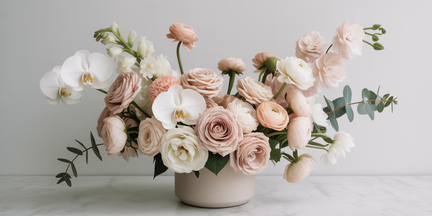 Élégante composition florale de roses blush et d’orchidées blanches dans un vase moderne, par Kevin Camera Fleuriste à Mont-Royal, Montréal.