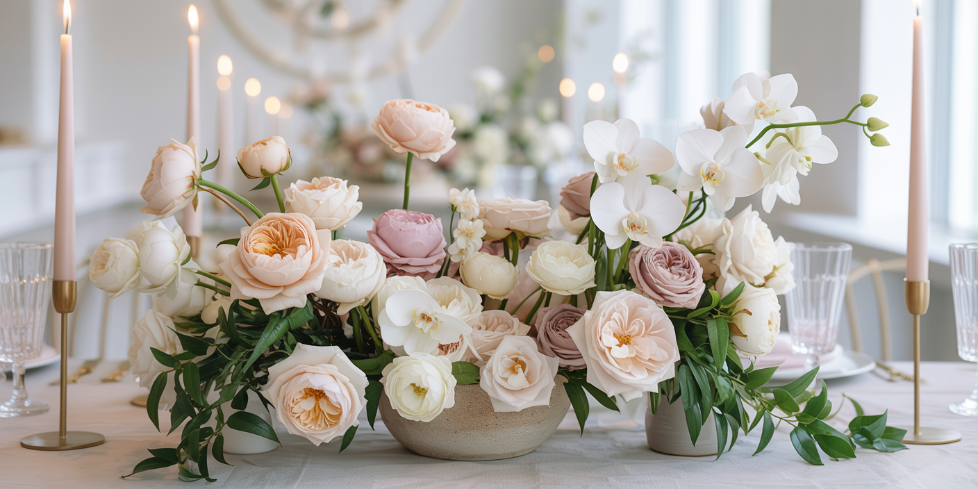 Arrangement de table romantique pour mariage avec roses ivoire et roses pâles, orchidées et bougies — création signée McKenna Florist à Montréal.