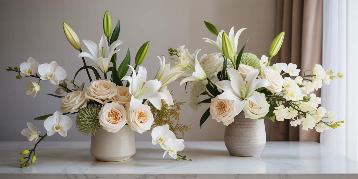 Arrangement floral élégant avec lys blancs, roses poudrées et orchidées dans des vases en céramique — création signée McKenna Florist à Montréal.