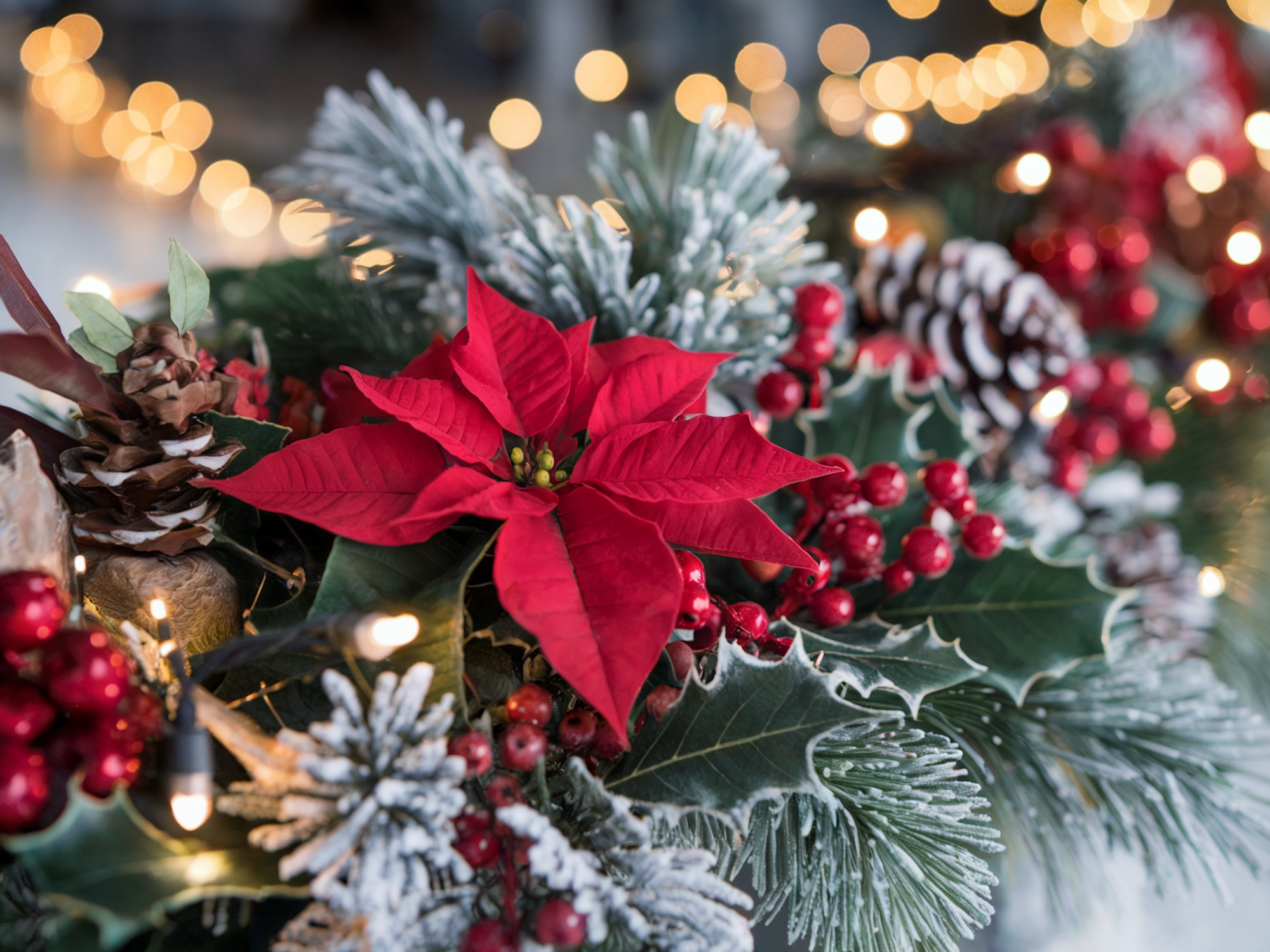 « Arrangement de Noël avec poinsettia rouge, branches de pin givrées, baies rouges et pommes de pin, décor festif avec lumières floues en arrière-plan.