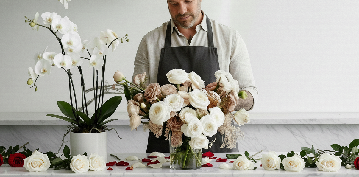 Fleuriste composant un bouquet raffiné de roses blanches et blush, accompagné d’orchidées, dans un atelier moderne — McKenna Florist, Montréal.