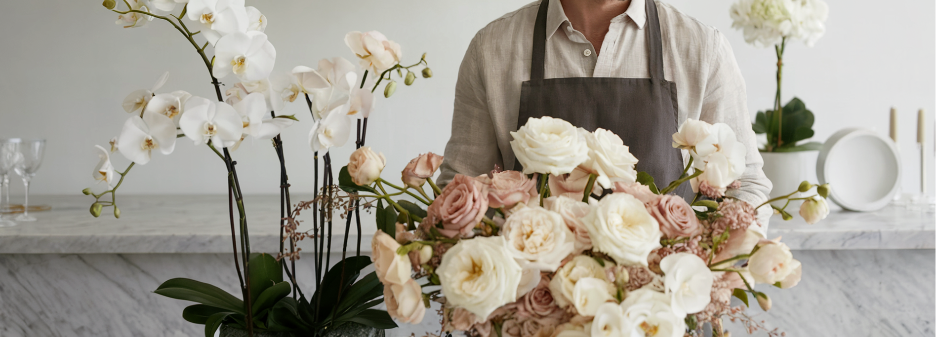 Scène élégante d’un atelier floral avec un fleuriste composant des roses crème, lisianthus blush et orchidées blanches — McKenna Florist à Montréal.