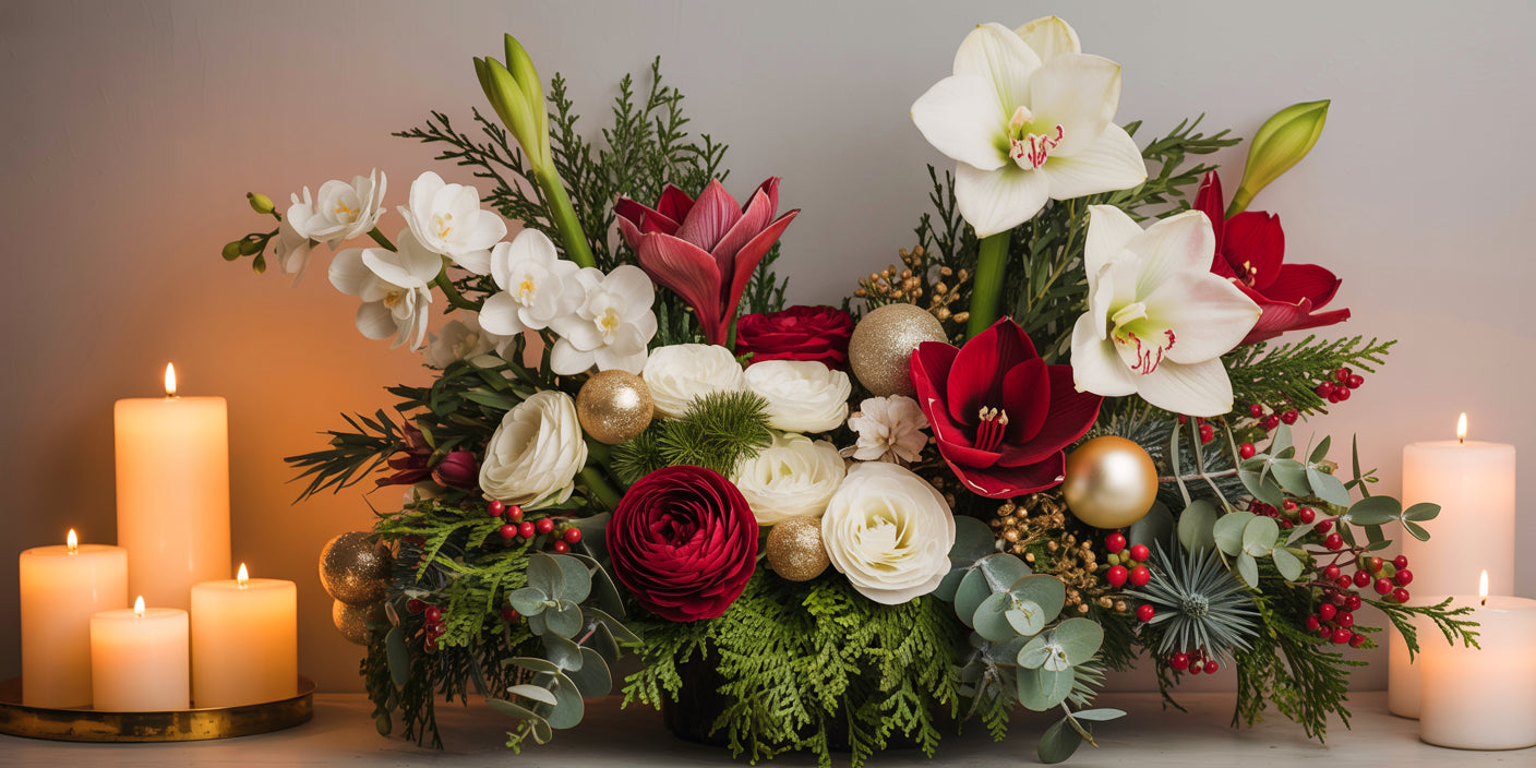 Centre de table de Noël luxueux avec amaryllis rouges et blanches, renoncules et feuillage festif — création signée McKenna Florist à Montréal.