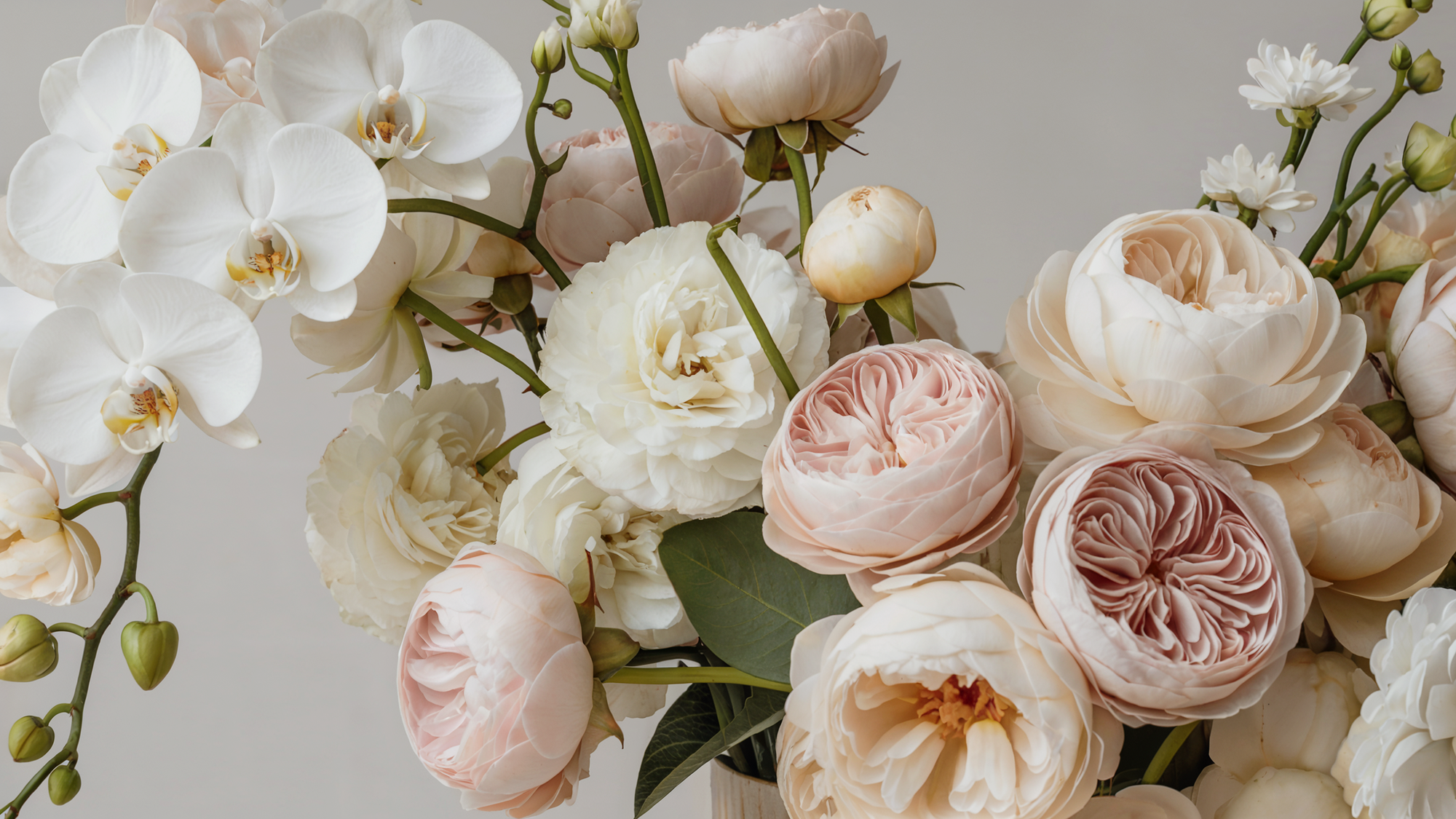 Arrangement floral luxueux avec orchidées blanches et roses de jardin blush — création signée McKenna Florist à Montréal pour mariages et intérieurs élégants.